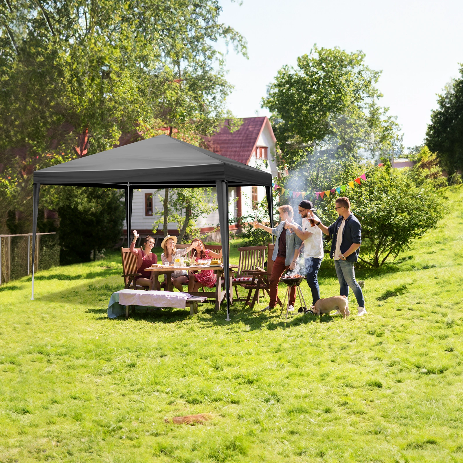 10x10ft Black Outdoor Canopy Gazebo, 4 Removable Panels, 2 Zipper Doors, 2 Mesh Windows, Heavy Duty PE view 12