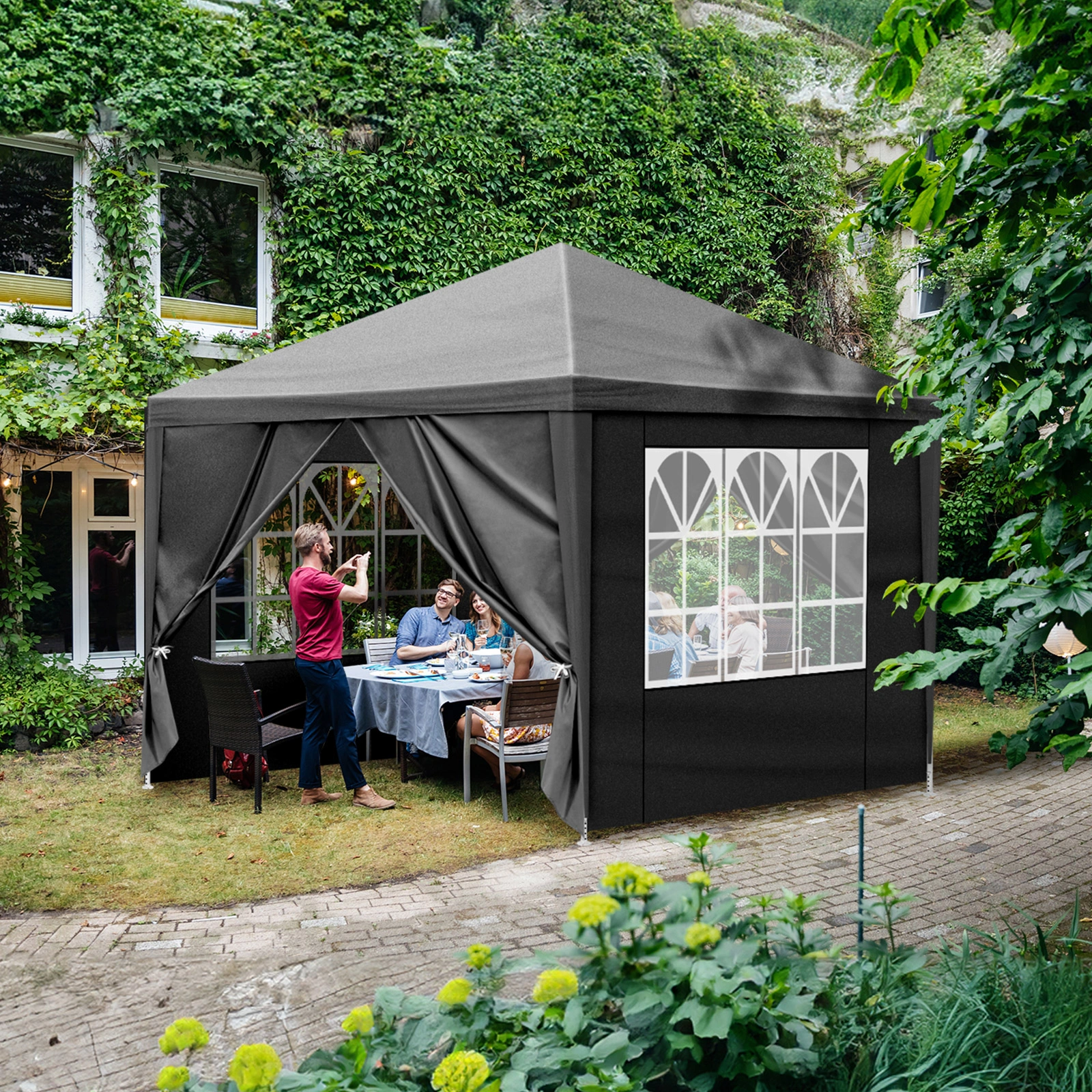 10x10ft Black Outdoor Canopy Gazebo, 4 Removable Panels, 2 Zipper Doors, 2 Mesh Windows, Heavy Duty PE view 13