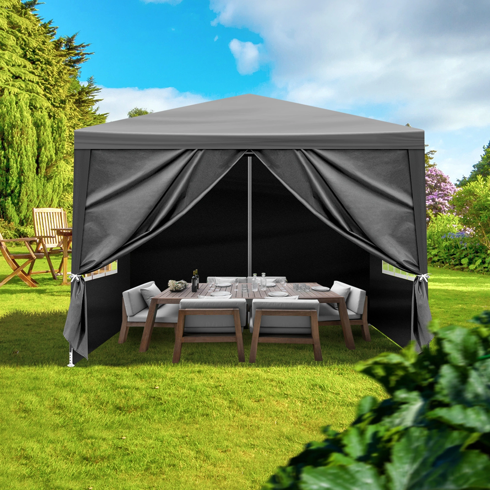 10x10ft Black Outdoor Canopy Gazebo, 4 Removable Panels, 2 Zipper Doors, 2 Mesh Windows, Heavy Duty PE view 14
