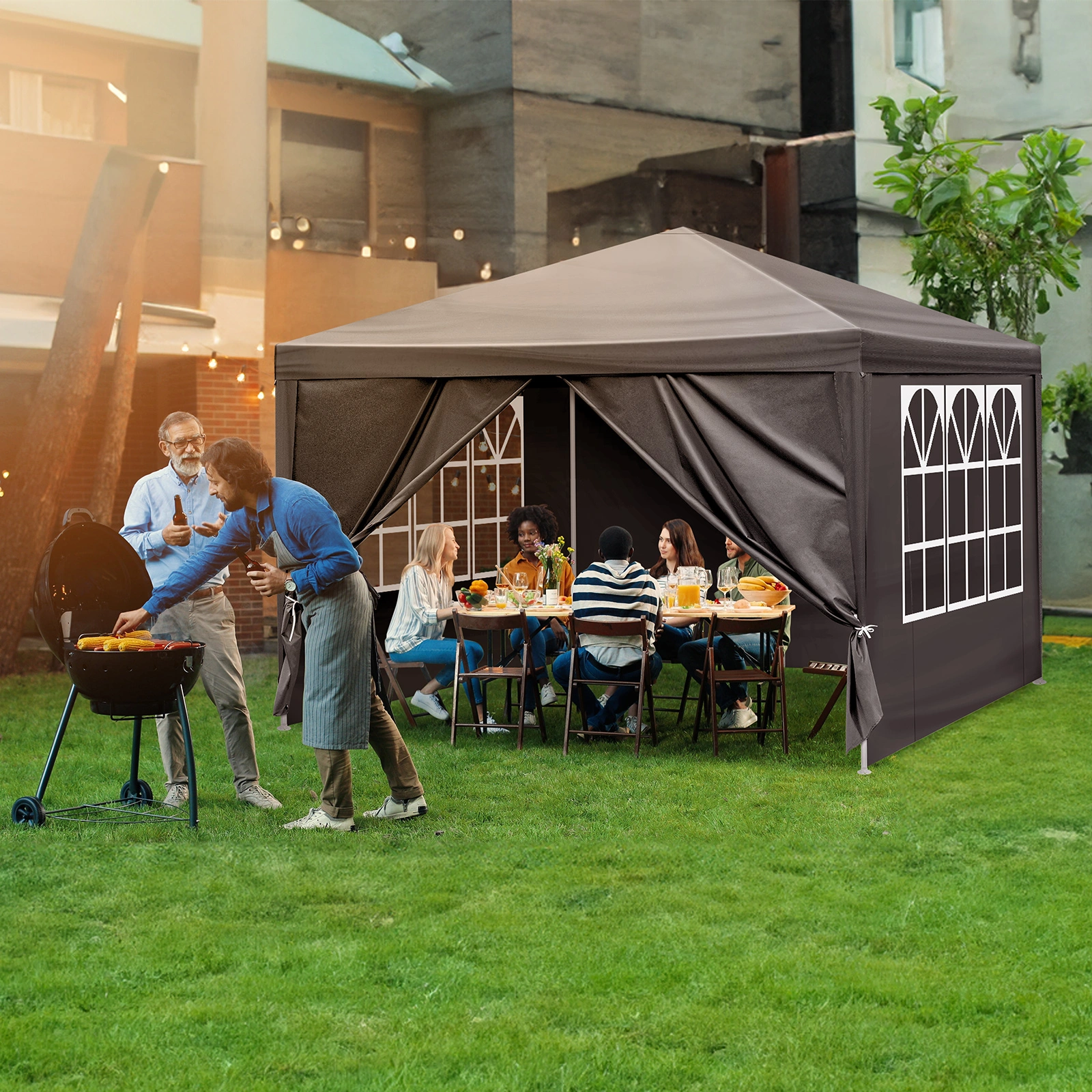 10x10ft Black Outdoor Canopy Gazebo, 4 Removable Panels, 2 Zipper Doors, 2 Mesh Windows, Heavy Duty PE view 16