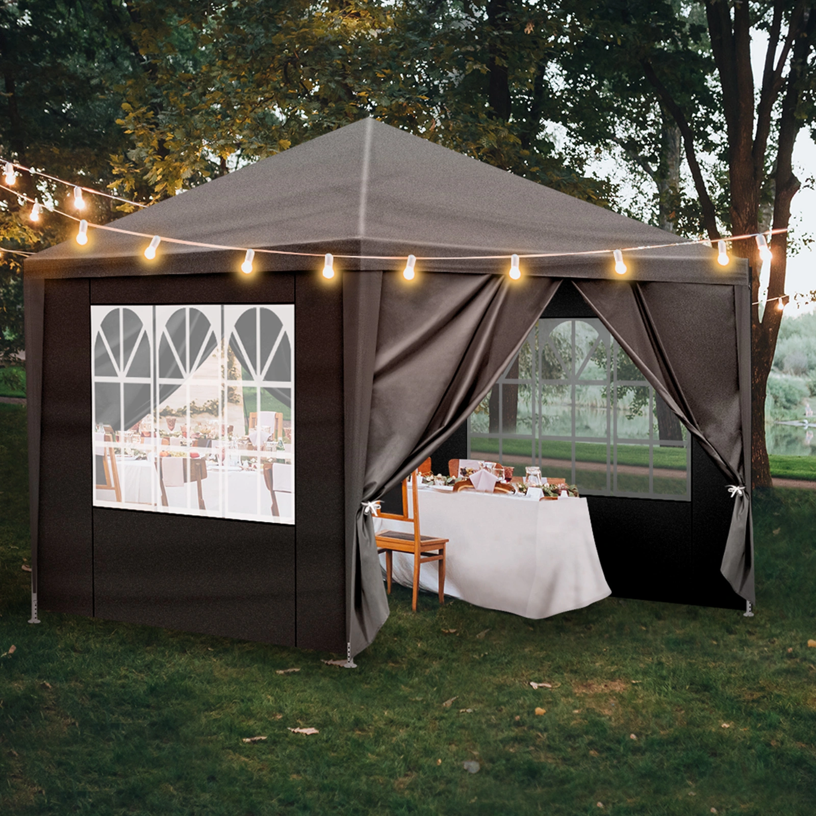 10x10ft Black Outdoor Canopy Gazebo, 4 Removable Panels, 2 Zipper Doors, 2 Mesh Windows, Heavy Duty PE view 18