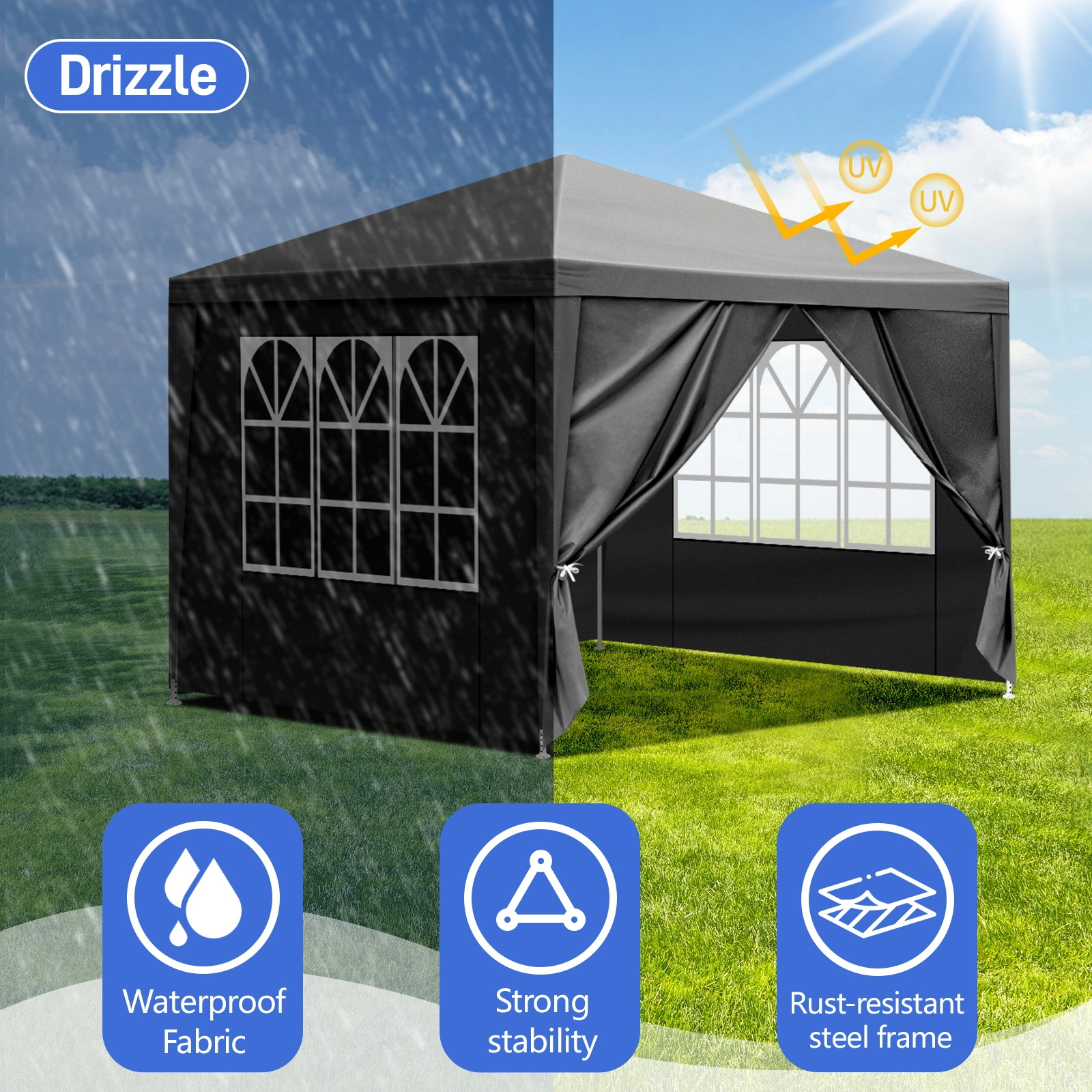 10x10ft Black Outdoor Canopy Gazebo, 4 Removable Panels, 2 Zipper Doors, 2 Mesh Windows, Heavy Duty PE view 2