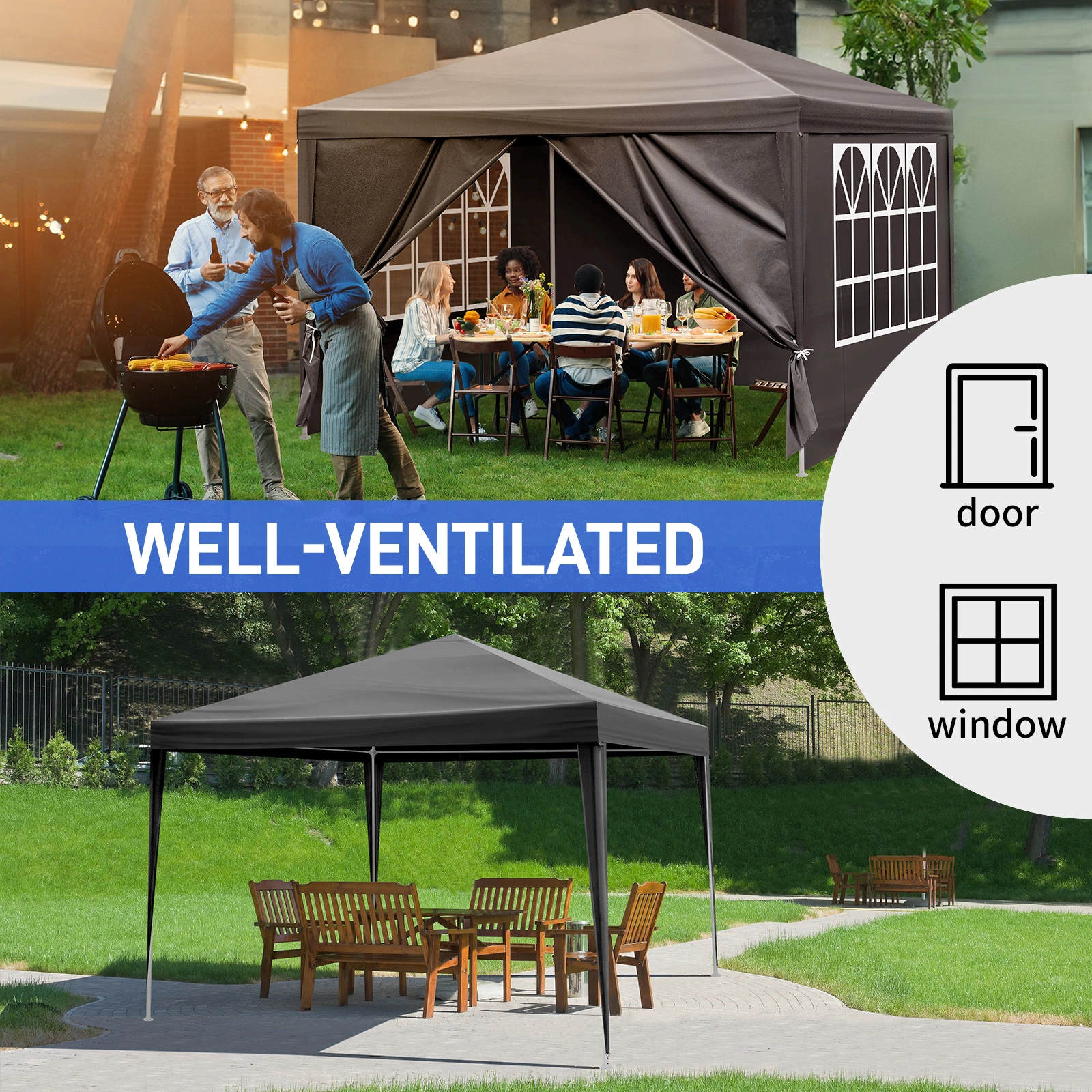 10x10ft Black Outdoor Canopy Gazebo, 4 Removable Panels, 2 Zipper Doors, 2 Mesh Windows, Heavy Duty PE view 3