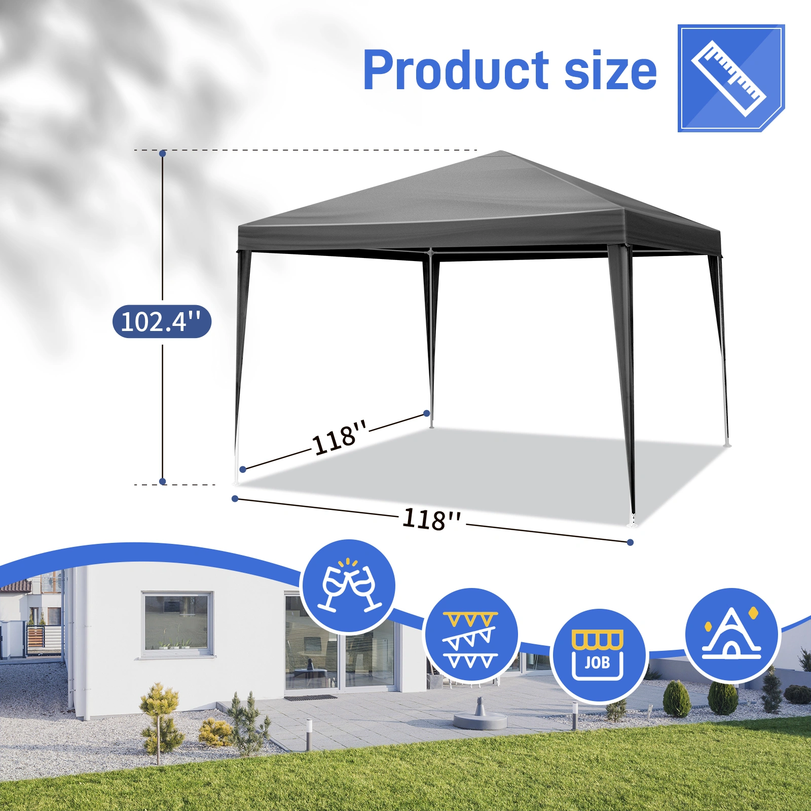 10x10ft Black Outdoor Canopy Gazebo, 4 Removable Panels, 2 Zipper Doors, 2 Mesh Windows, Heavy Duty PE view 6