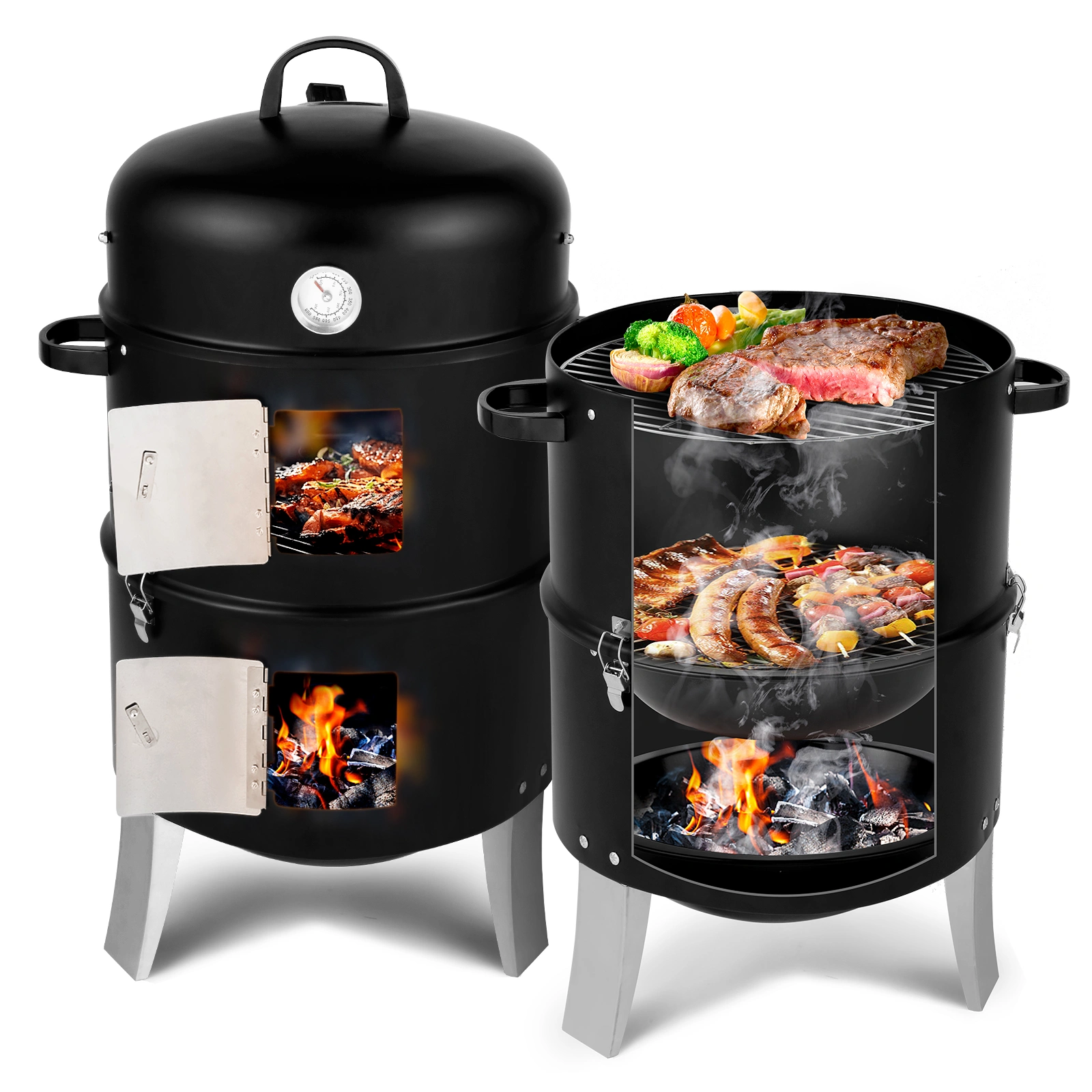 Vertical Steel Charcoal Smoker 28" Heavy Duty Double Layer Round BBQ Grill & Oven for Outdoor Cooking, Black