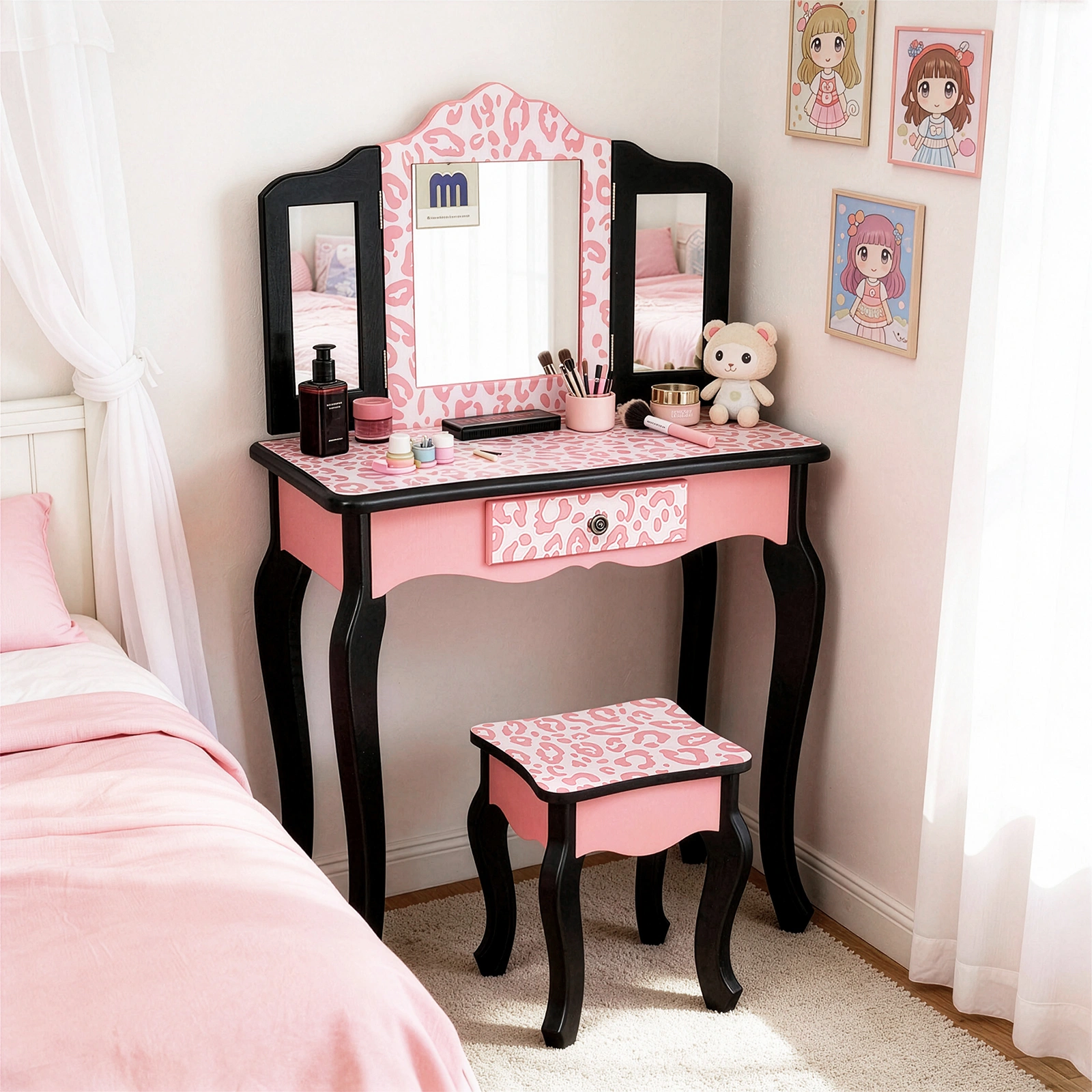 Three-Fold Mirror Single Drawer Arc Feet Children Dresser Red Leopard Print view 2