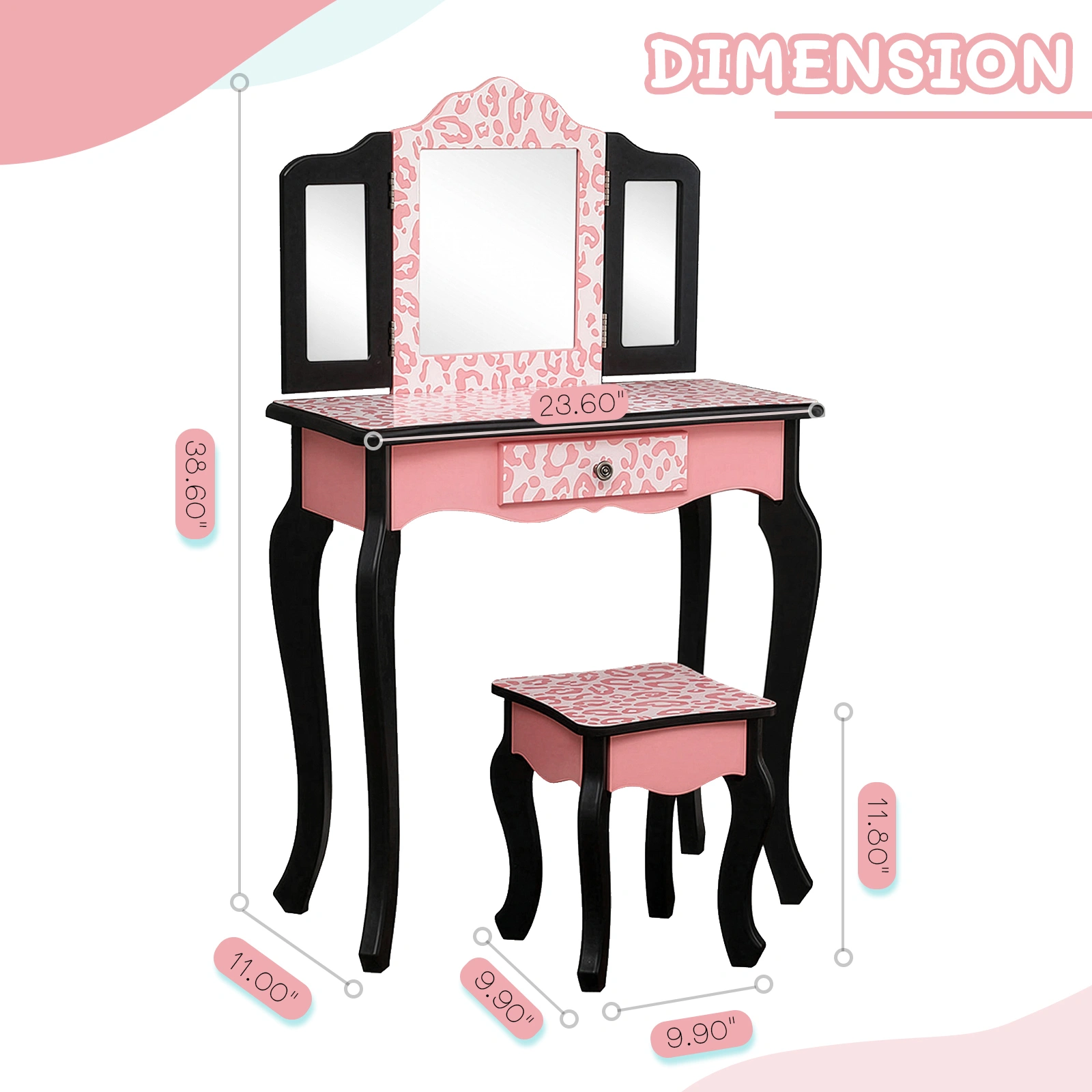 Three-Fold Mirror Single Drawer Arc Feet Children Dresser Red Leopard Print view 3