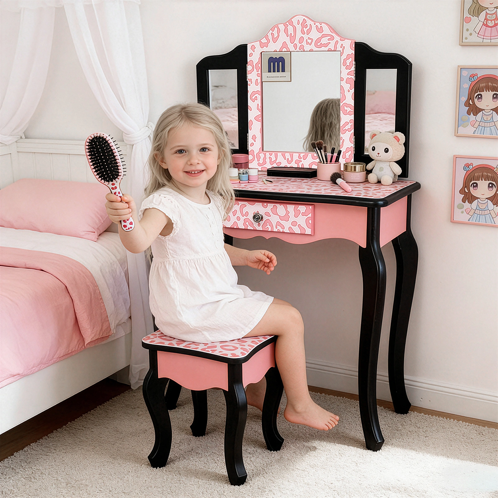 Three-Fold Mirror Single Drawer Arc Feet Children Dresser Red Leopard Print view 8