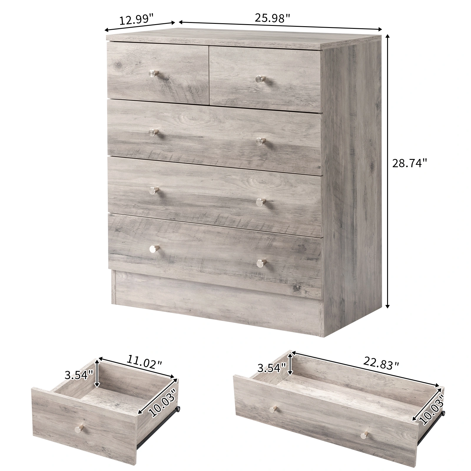 Modern Simple 5-Drawer Dresser, Gray view 10