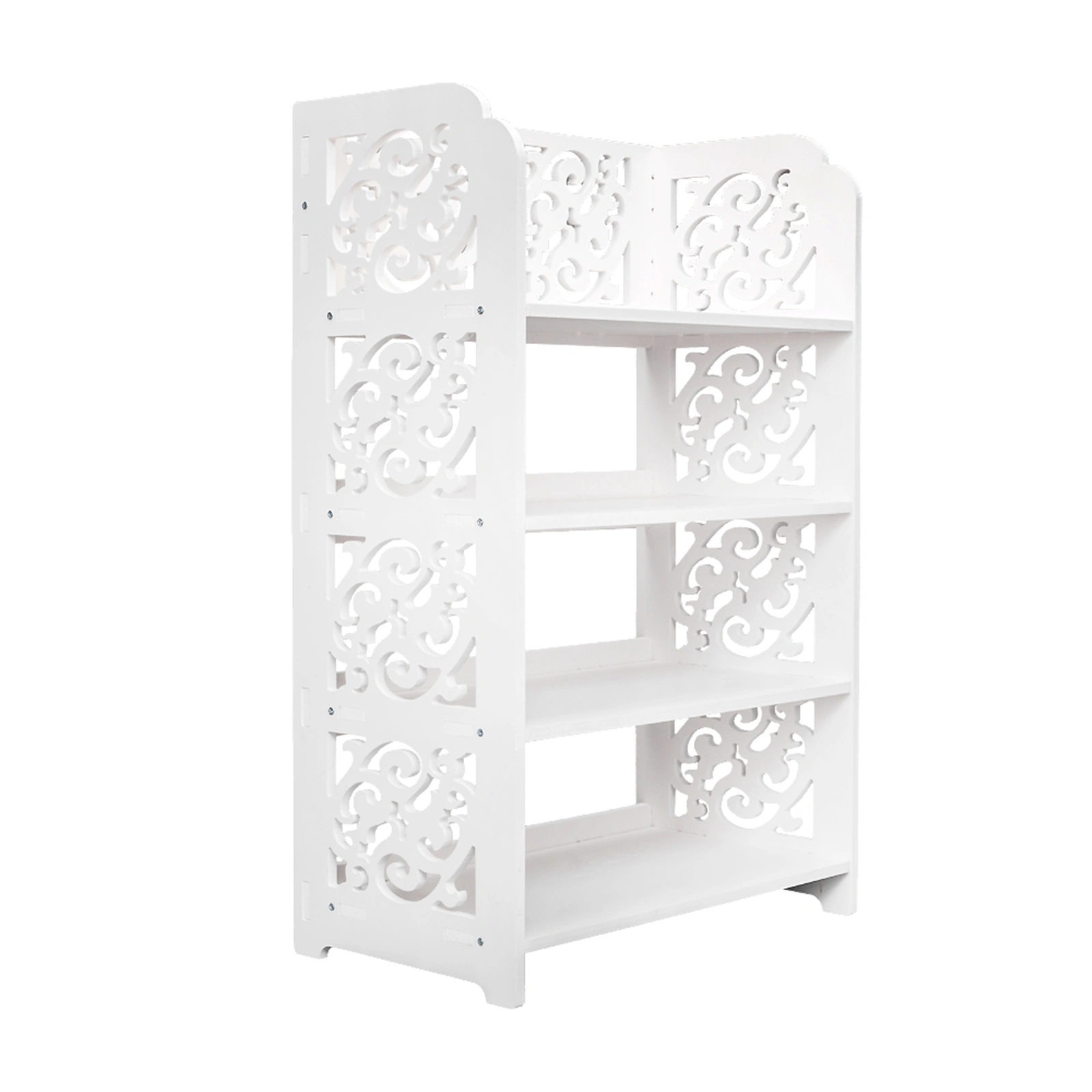 White Wood-Plastic 4-Tier Carved Shoe Rack, Multi-Layer Entryway Organizer Stand, Freestanding Storage Shelf