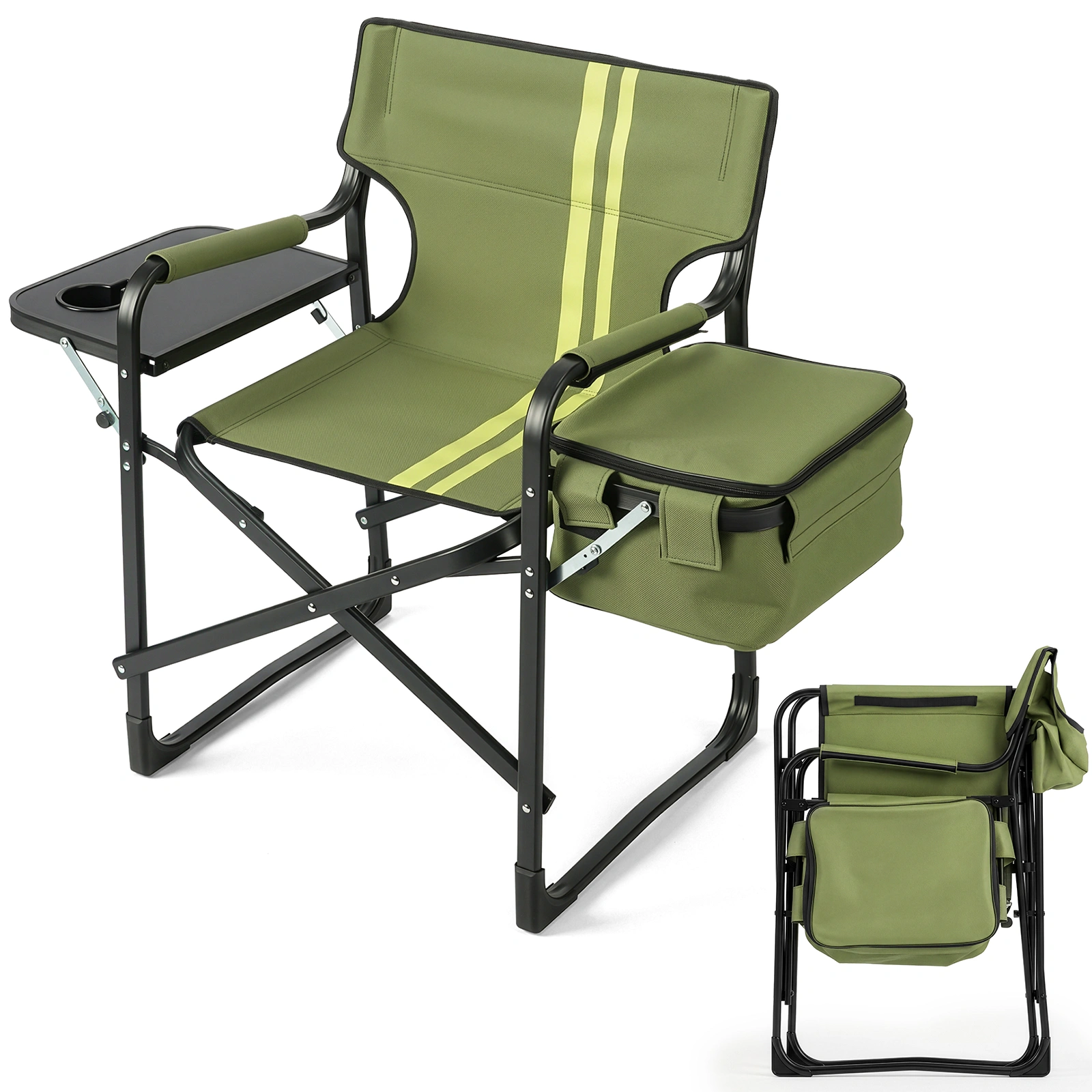 46"x20.87"x33.46" Folding Camping Chair w/ Side Table & Cooler Bag, 265lb, Army Green Striped, Aluminum Frame