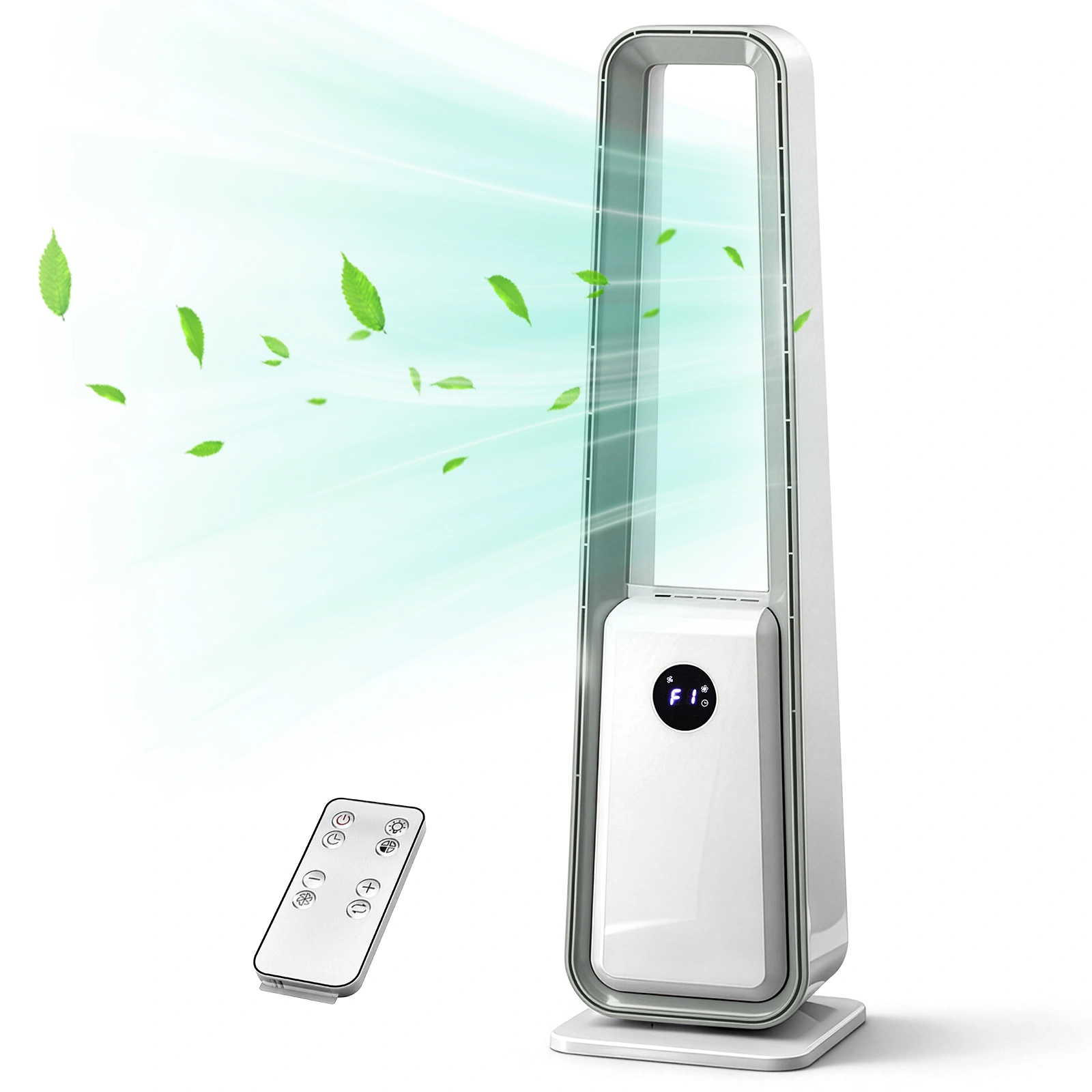 HTY2204 35" Bladeless Fan US 110V 36W LED Display Remote Control 3-Speed 12H Timer Oscillating White Trapezoid