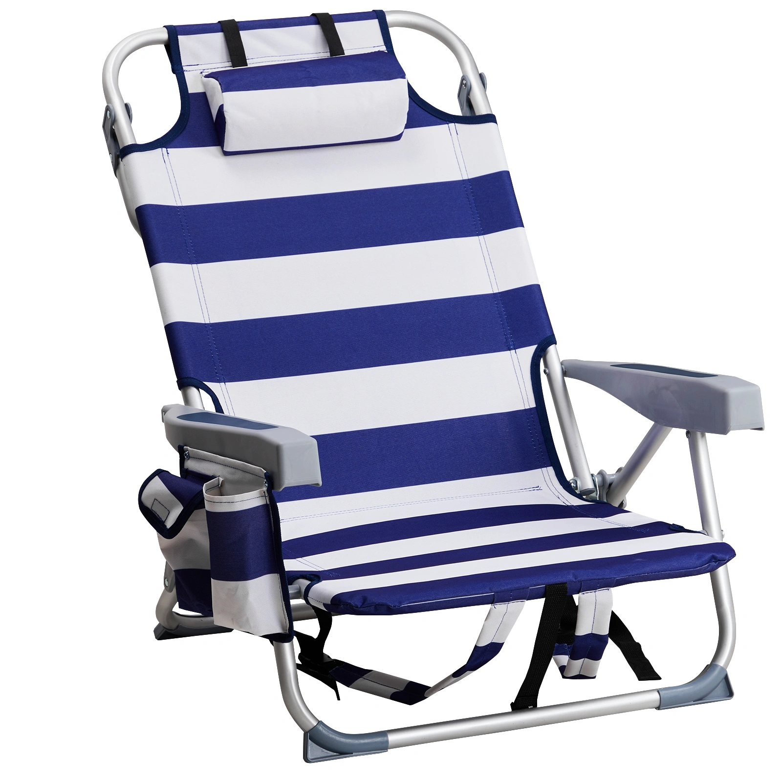 Blue White Striped Aluminum Beach Chair, Oxford Fabric, 7.9" Seat Height, Silver Frame, 100kg Capacity