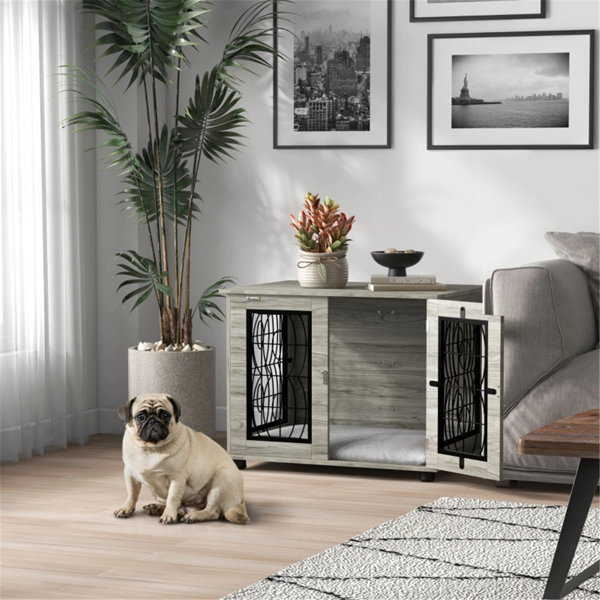 Large Dog Crate with Divider, Collapsible Metal Pet Crate, Heavy Duty Dog Kennel with Wheels, Removable Tray