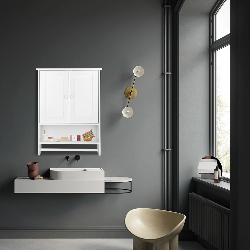 Bathroom Wall Cabinet 19.3x5.7x25.6in White MDF 2 Doors 1 Shelf Towel Bar Wall Mounted view 10