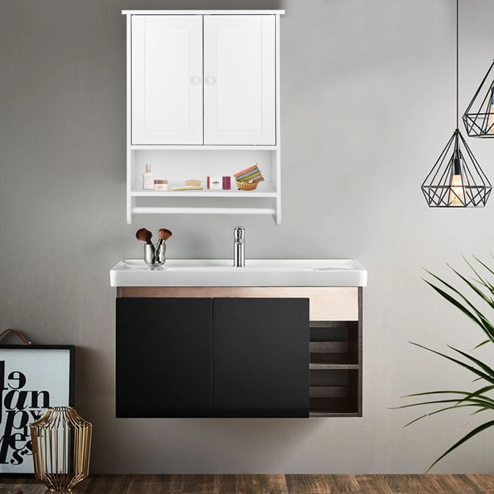 Bathroom Wall Cabinet 19.3x5.7x25.6in White MDF 2 Doors 1 Shelf Towel Bar Wall Mounted view 8