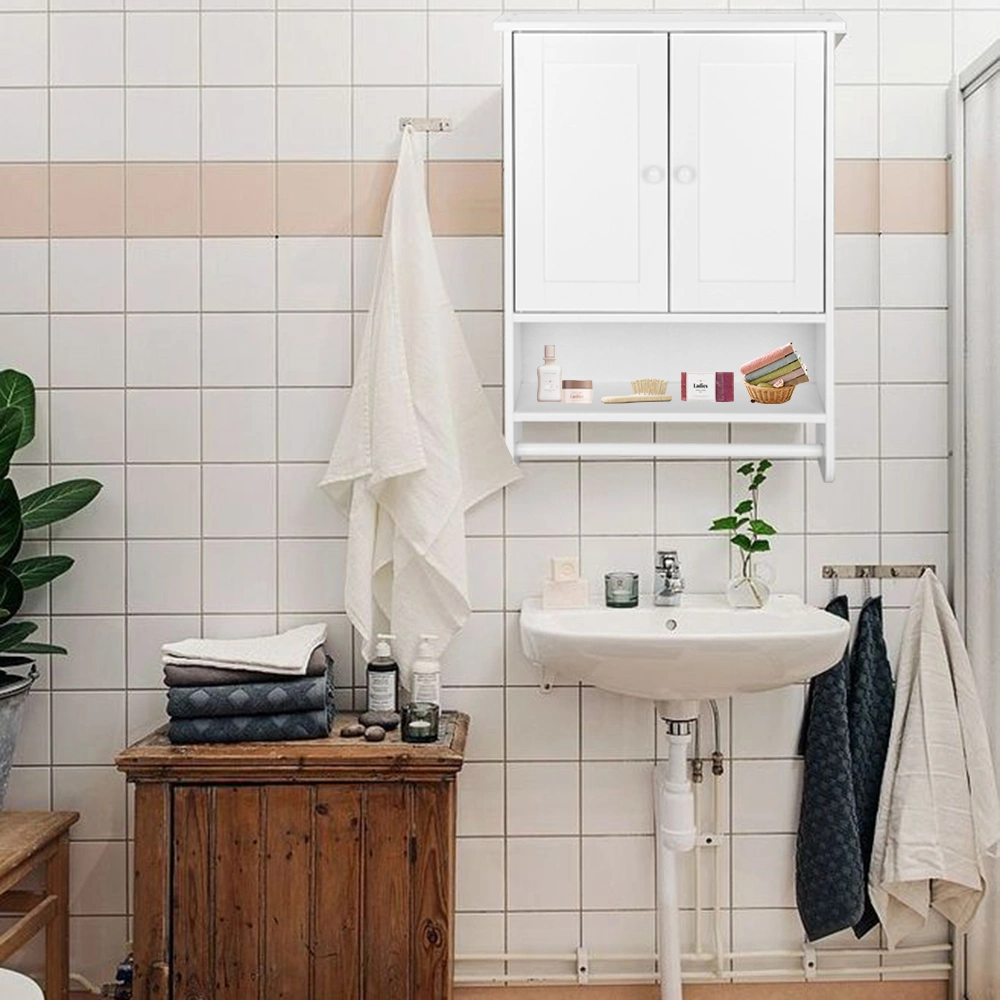 Bathroom Wall Cabinet 19.3x5.7x25.6in White MDF 2 Doors 1 Shelf Towel Bar Wall Mounted view 9